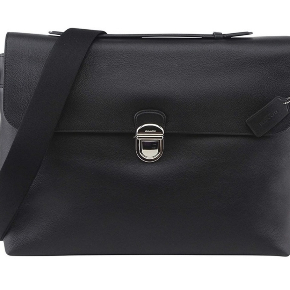 🖤🔹️ Coach 🔹️ Men Beckett Black Leather Briefcase Messenger Flap Crossbody - Picture 3 of 4